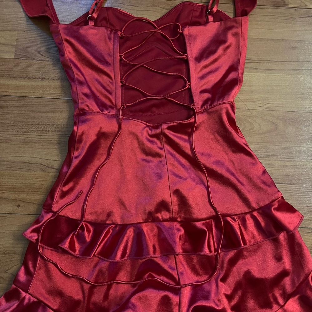 Red Satin Ruffle Dress - Picture 4 of 5